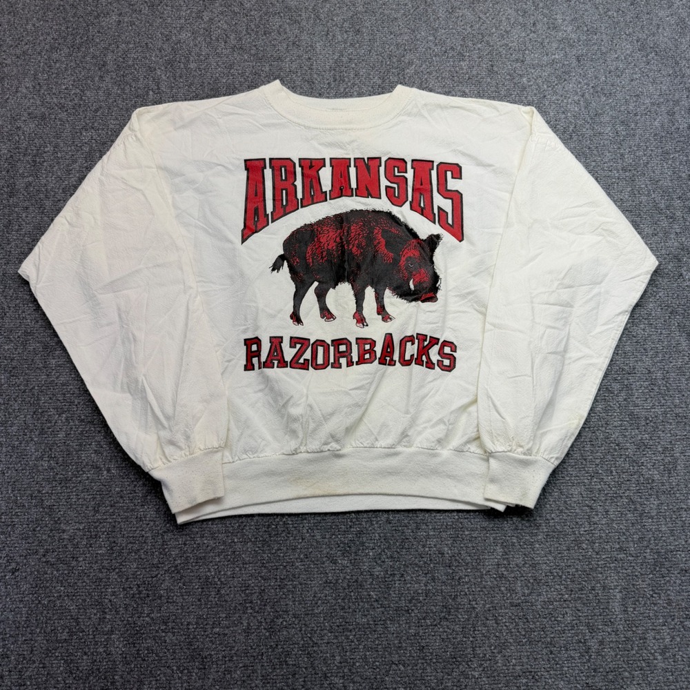 Vintage Arkansas Razorbacks Sweatshirt Mens Medium White Quitman NCAA 80s